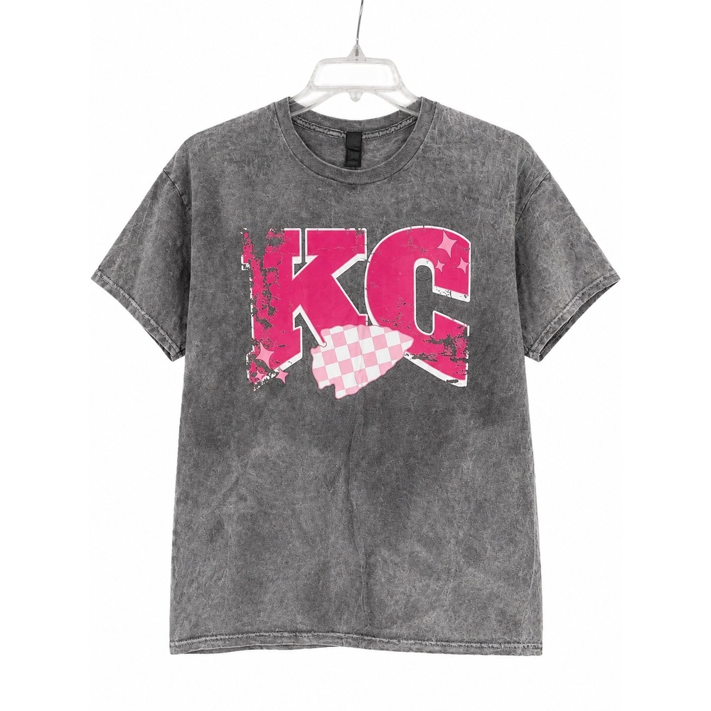 Gildan Kansas City KC Football T Shirt Large Gray Mineral Wash Pink Arrowhead